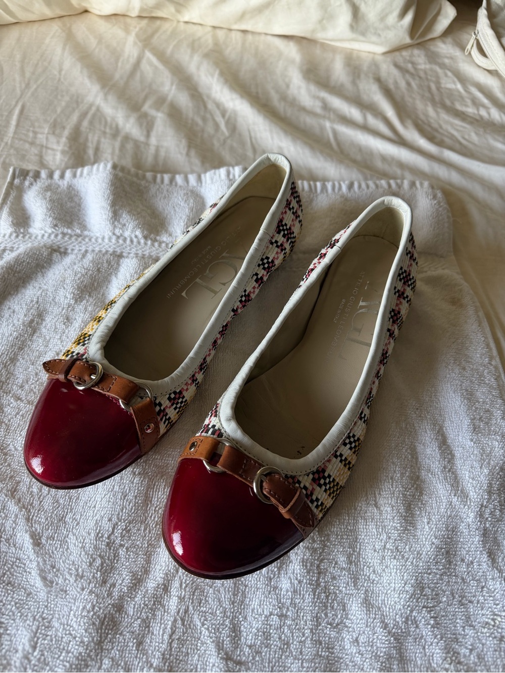 Attilio Giusti Leombruni Red Patent Cap-Toe Tweed Flats with Tan Buckle
